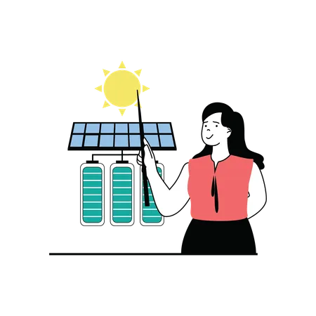 Mujer explicando el proceso de carga de baterías mediante energía solar  Ilustración