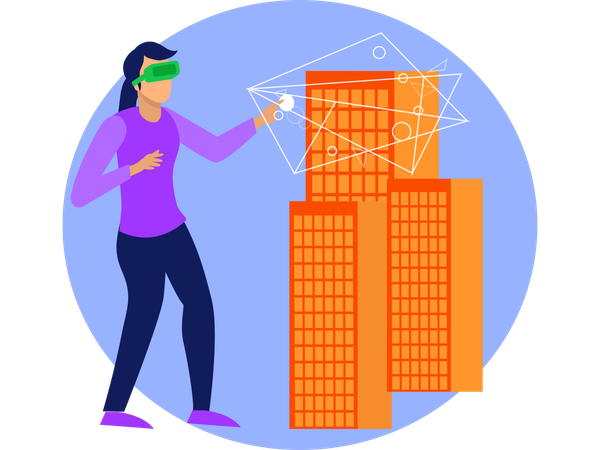 Mujer explicando la construcción de una propiedad inmobiliaria mediante tecnología de realidad virtual  Ilustración