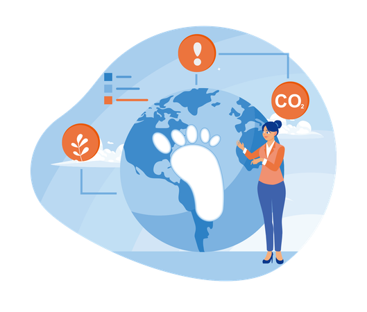 Mujer explicando la huella de carbono en el globo terráqueo  Ilustración