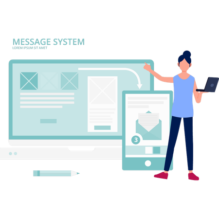 Mujer explicando el sistema de mensajes en la pantalla  Ilustración