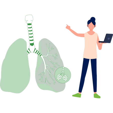 Mujer explicando sobre los pulmones en la computadora portátil  Ilustración