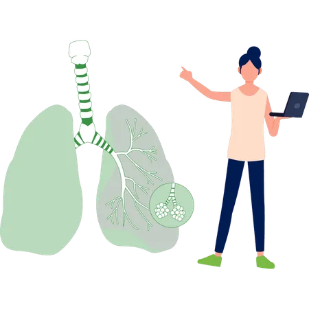 Mujer explicando sobre los pulmones en la computadora portátil  Ilustración