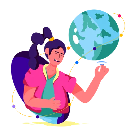 Mujer explorando conexiones globales usando IA  Ilustración