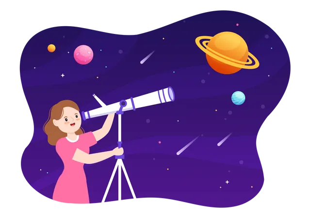 Mujer explorando el espacio a través del telescopio.  Ilustración