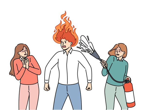 Mujer apaga el fuego en la mente de su marido  Ilustración