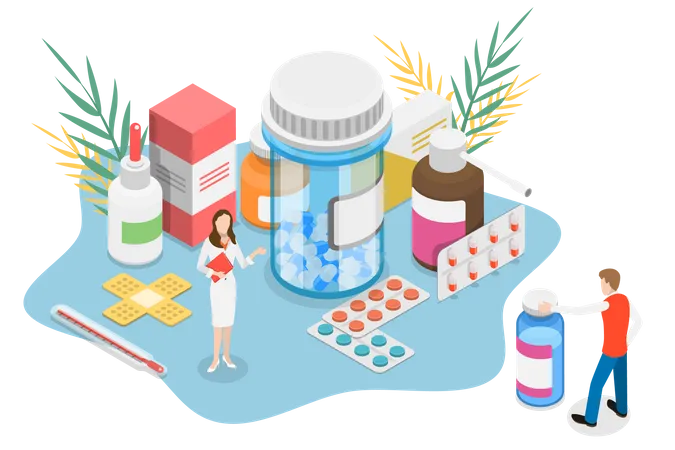 Concepto Vectorial Isometrico De Farmacia El Farmaceutico Esta Parado Alrededor De Los Frascos Y Cajas Con Medicamentos Y Sugiriendo Algunos Al Cliente Ilustración