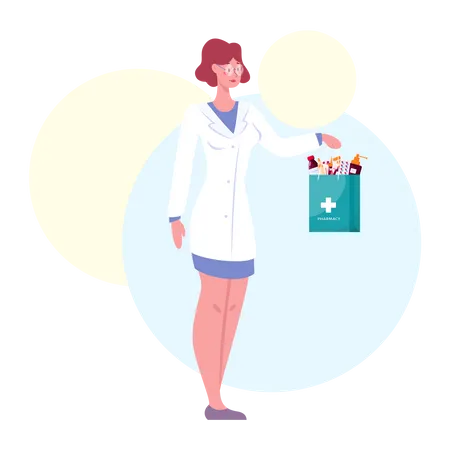 Farmacéutico femenino sosteniendo bolsa  Ilustración