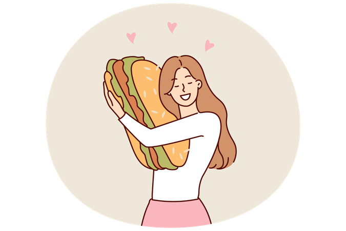 Mujer feliz abrazando una hamburguesa gigante extrañando la comida rápida después de una larga dieta para mantener una figura delgada  Ilustración