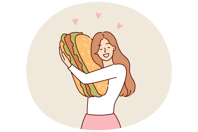 Mujer feliz abrazando una hamburguesa gigante extrañando la comida rápida después de una larga dieta para mantener una figura delgada  Ilustración