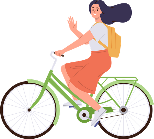 Mujer feliz montando bicicleta viajando en transporte ecológico el fin de semana  Ilustración