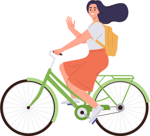 Mujer feliz montando bicicleta viajando en transporte ecológico el fin de semana  Ilustración