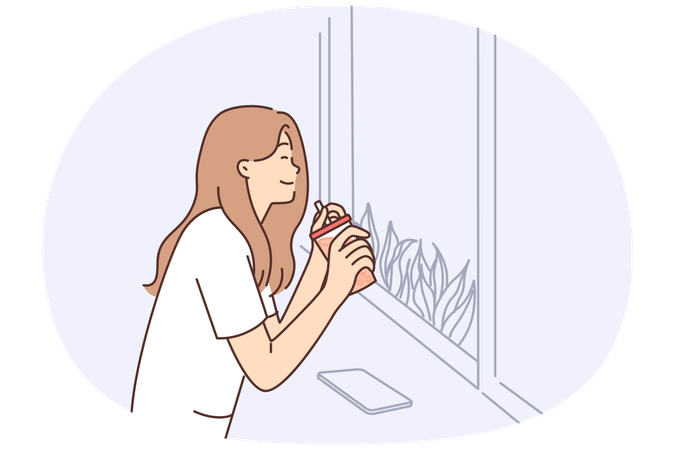 Mujer feliz bebiendo jugo de un vaso desechable con pajita sentada cerca de una ventana en un café  Ilustración
