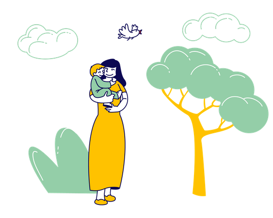 Mujer feliz caminando con un niño en el parque de la ciudad  Ilustración