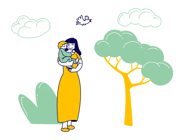 Mujer feliz caminando con un niño en el parque de la ciudad  Ilustración