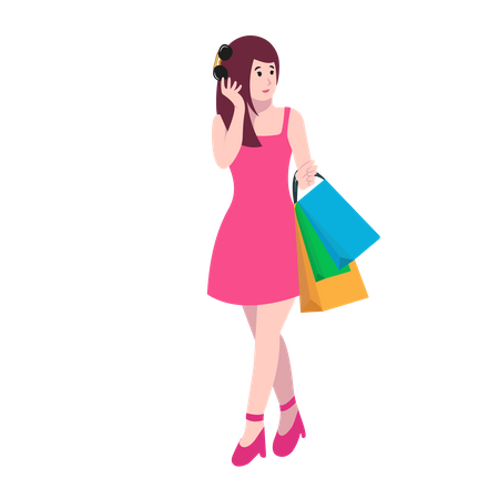 Mujer feliz llevando bolsas de compras  Ilustración