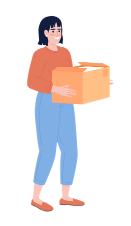 Mujer feliz llevando una caja de cartón abierta  Ilustración