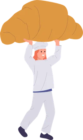 Chef mujer feliz sosteniendo croissant  Ilustración