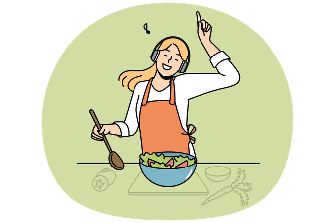 Mujer feliz cocinando y escuchando música.  Ilustración