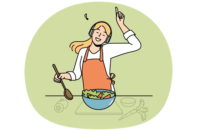 Mujer feliz cocinando y escuchando música.  Ilustración