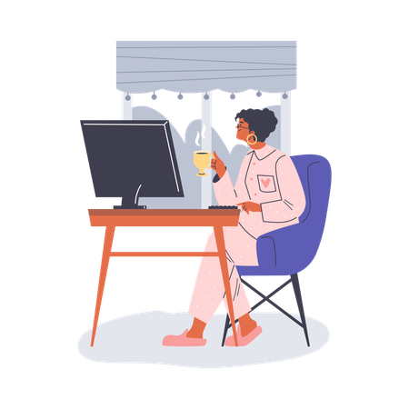Mujer feliz con café trabajando en casa en pijama  Ilustración