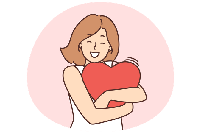 Mujer feliz sosteniendo un corazón en sus manos  Ilustración