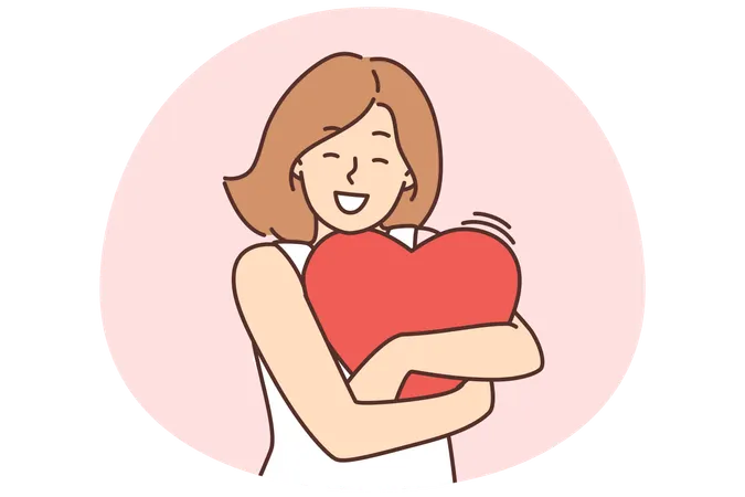 Mujer feliz sosteniendo un corazón en sus manos  Ilustración