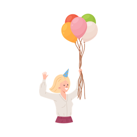 Mujer feliz con sombrero de fiesta sosteniendo globos de colores  Ilustración