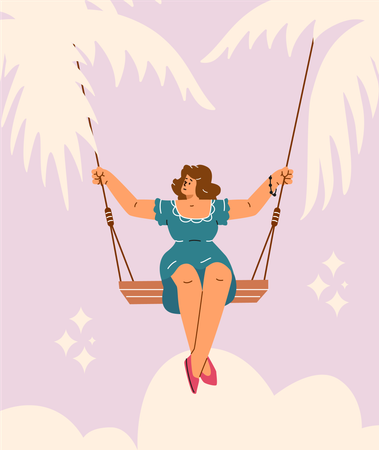 Mujer feliz con un vestido en un columpio con nubes, estrellas y hojas tropicales.  Ilustración