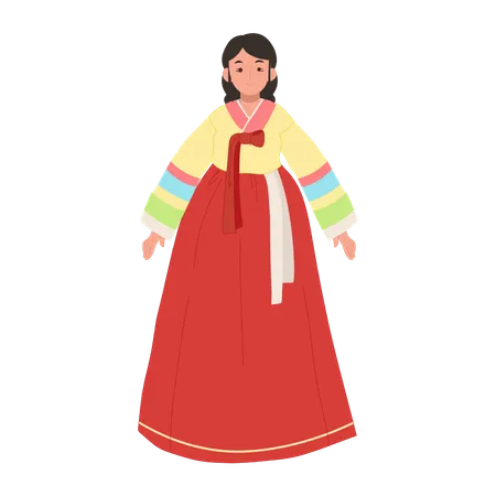 Mujer feliz con vestido tradicional coreano hanbok  Ilustración