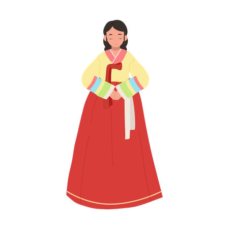 Mujer feliz con vestido tradicional coreano hanbok  Ilustración