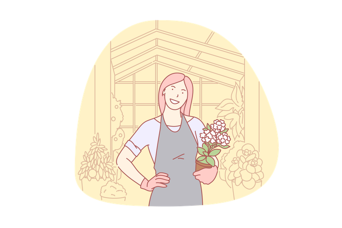 Mujer feliz cultivando plantas y flores de invernadero  Ilustración