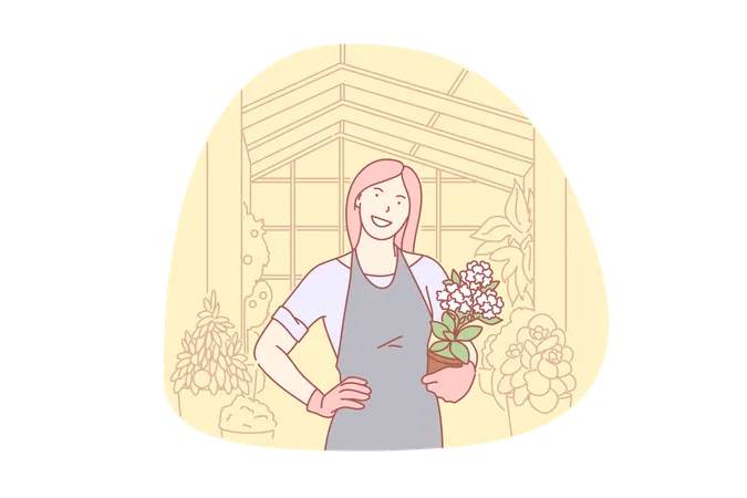 Mujer feliz cultivando plantas y flores de invernadero  Ilustración