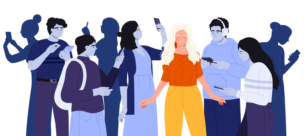 Mujer feliz de pie entre la multitud de muchas personas adictas  Ilustración