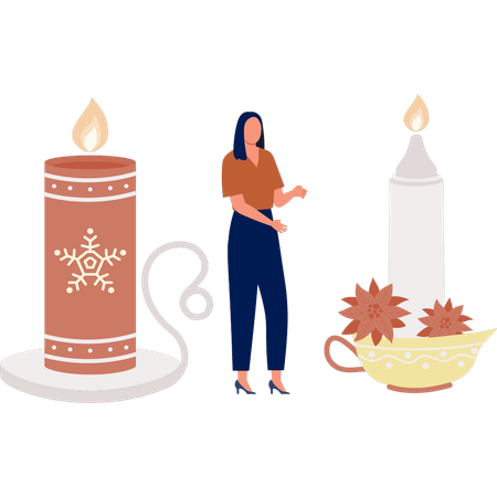 Mujer feliz al ver la luz de las velas de Halloween  Ilustración