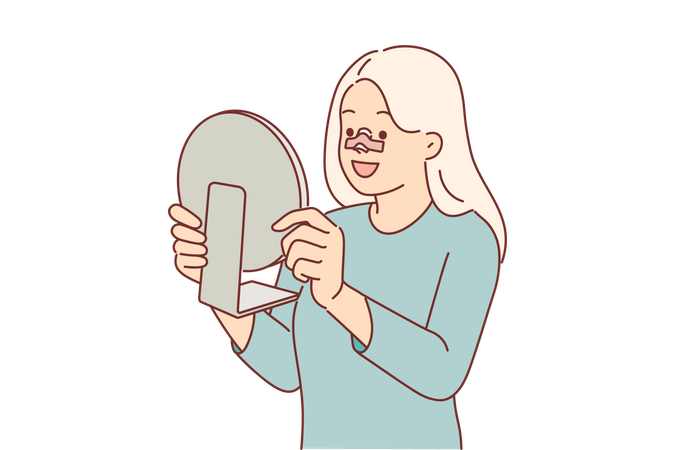 Mujer feliz después de una cirugía de rinoplastia en la nariz se mira en el espejo  Ilustración