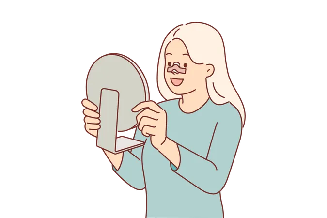 Mujer feliz después de una cirugía de rinoplastia en la nariz se mira en el espejo  Ilustración