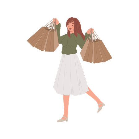 Mujer feliz después de ir de compras  Ilustración