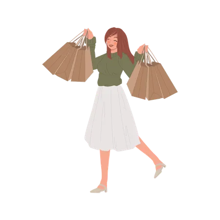 Mujer feliz después de ir de compras  Ilustración