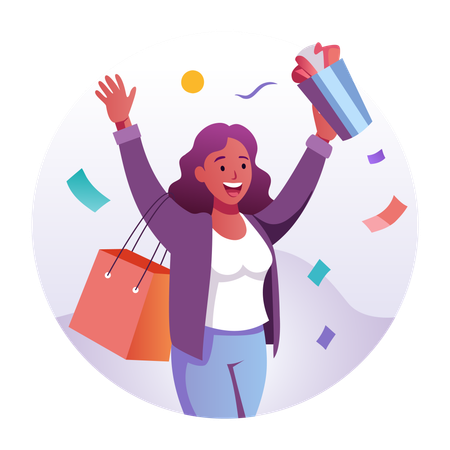 Mujer que se siente feliz después de ir de compras  Ilustración