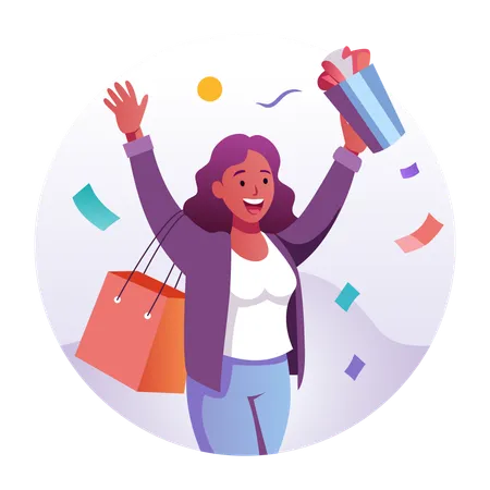 Mujer que se siente feliz después de ir de compras  Ilustración