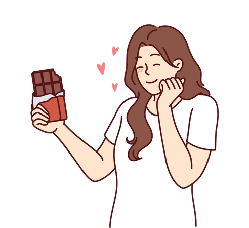 Mujer feliz disfrutando del sabor del chocolate negro  Ilustración