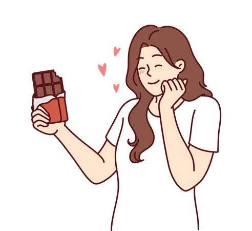 Mujer feliz disfrutando del sabor del chocolate negro  Ilustración