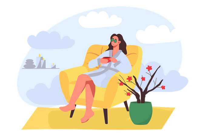 Mujer feliz en bata de baño relajándose en un acogedor sillón y bebiendo té de hierbas  Ilustración