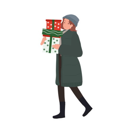 Mujer feliz en traje de invierno con cajas de regalo  Ilustración