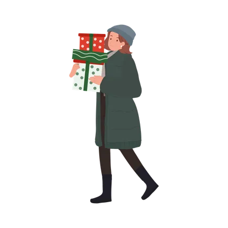 Mujer feliz en traje de invierno con cajas de regalo  Ilustración