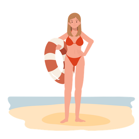 Mujer feliz en bikini sosteniendo una pelota de playa en la playa  Ilustración