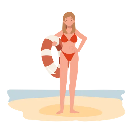 Mujer feliz en bikini sosteniendo una pelota de playa en la playa  Ilustración