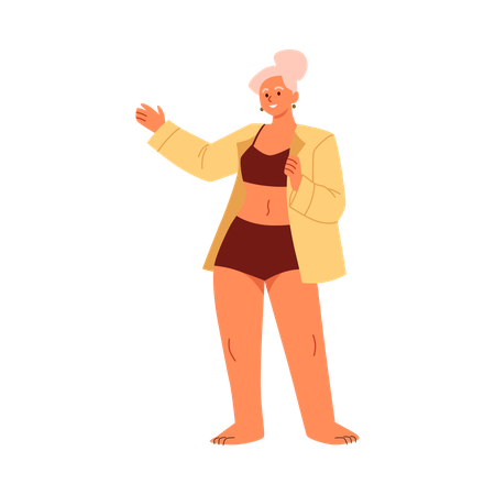 Mujer feliz en ropa interior y camisa amarilla gesto con la mano  Ilustración