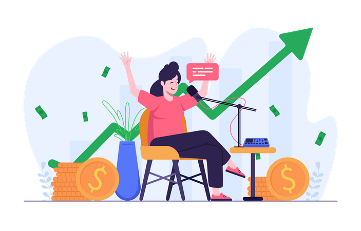 Mujer feliz gana dinero con audio de podcast  Ilustración