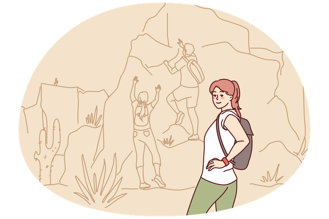 Mujer feliz haciendo senderismo en las montañas  Ilustración
